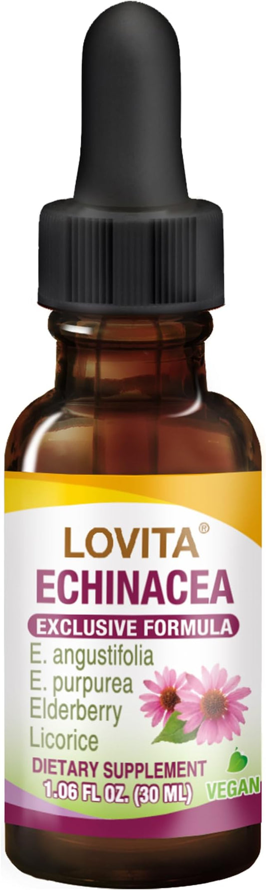 Lovita Echinacea Extract Liquid | 1 FL OZ | 350 mg per Serving | Concentrated Herb Tincture | Vegan | Alcohol-Free | with Elderberry and Licorice Extract