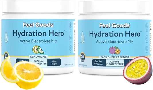Feel Goods Hydration Hero Electrolyte Powder Bundle, 1,000mg Electrolytes, Magnesium, Organic Aloe Vera, L-Theanine, Vitamin C & B12, Sugar-Free, Keto – Passion Fruit Punch & Lemon Lime 60 Servings