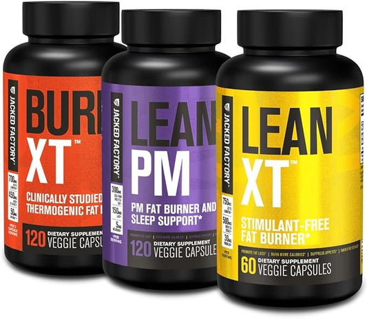 Jacked Factory Burn-XT Clinically Studied Thermogenic Fat Burner (120 Capsules), Lean PM Nighttime Fat Burner and Sleep Aid (120 Capsules), Lean-XT Caffeine-Free Weight Loss Supplement (60 Capsules)