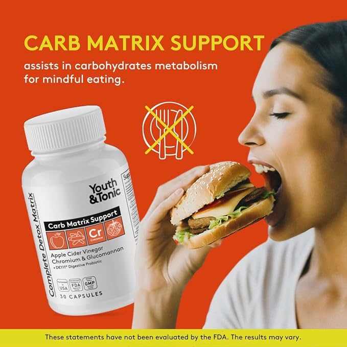 Youth & Tonic Balanced Detox Pills as Complete Gut Cleanse & Carb Matrix Support with ACV, Glucomannan, Chromium for Body Detoxing & Digestive Health, Supplement for Men & Women, Third-Party Tested