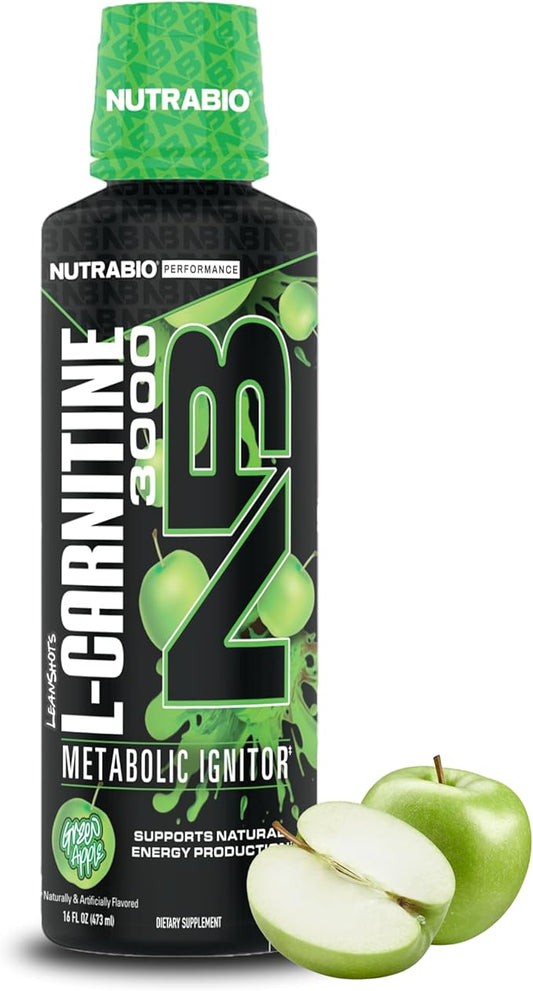 NutraBio – L-Carnitine Liquid Shots – 3000mg, (Green Apple) – 10mg of Vitamin B-5 – Zero Carbs & Sugars – Energy Production – Muscle Recovery