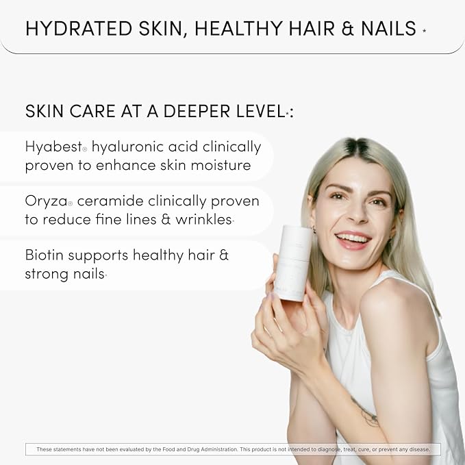 Glow Anti Aging Supplement - Hyabest® Hyaluronic Acid, Ceramide, 5000 mcg Biotin, Vitamin A, C, E, Zinc - Hair Skin Nails Vitamins for Women & Men - Wrinkles & Skin Hydration - 60 Capsules
