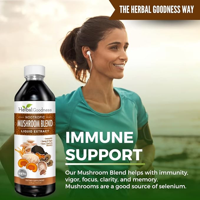 Nootropic Mushrooms, Lions Mane, Lion's Mane Mushroom Supplement, Mental Clarity and Focus Supplements, Immune Support, Mushroom Blend Extract, Lion Mane Mushroom Supplement - Herbal Goodness 12oz