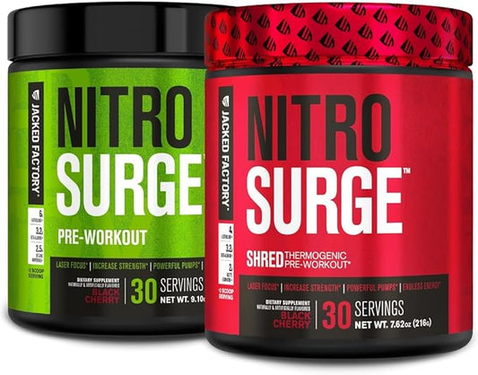Jacked Factory Nitrosurge Pre-Workout in Black Cherry & Black Cherry Nitrosurge Shred Thermogenic Pre-Workout for Men & Women