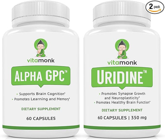VitaMonk Alpha GPC and Uridine Stack - Mr Happy Stack - Uridine Monophosphate with No Artificial Fillers - Bioavailable Choline Supplements Promote Cognition, Focus, Mental Clarity