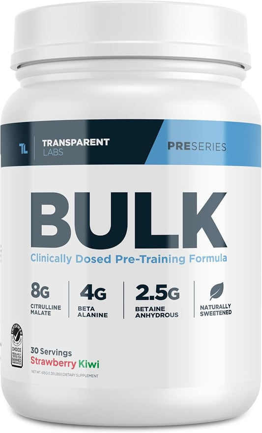 Transparent Labs Bulk Pre Workout Powder - Naturally Sweetened Advanced Pre-Workout Formula for Muscle Building and Strength - 30 Servings, Strawberry Kiwi