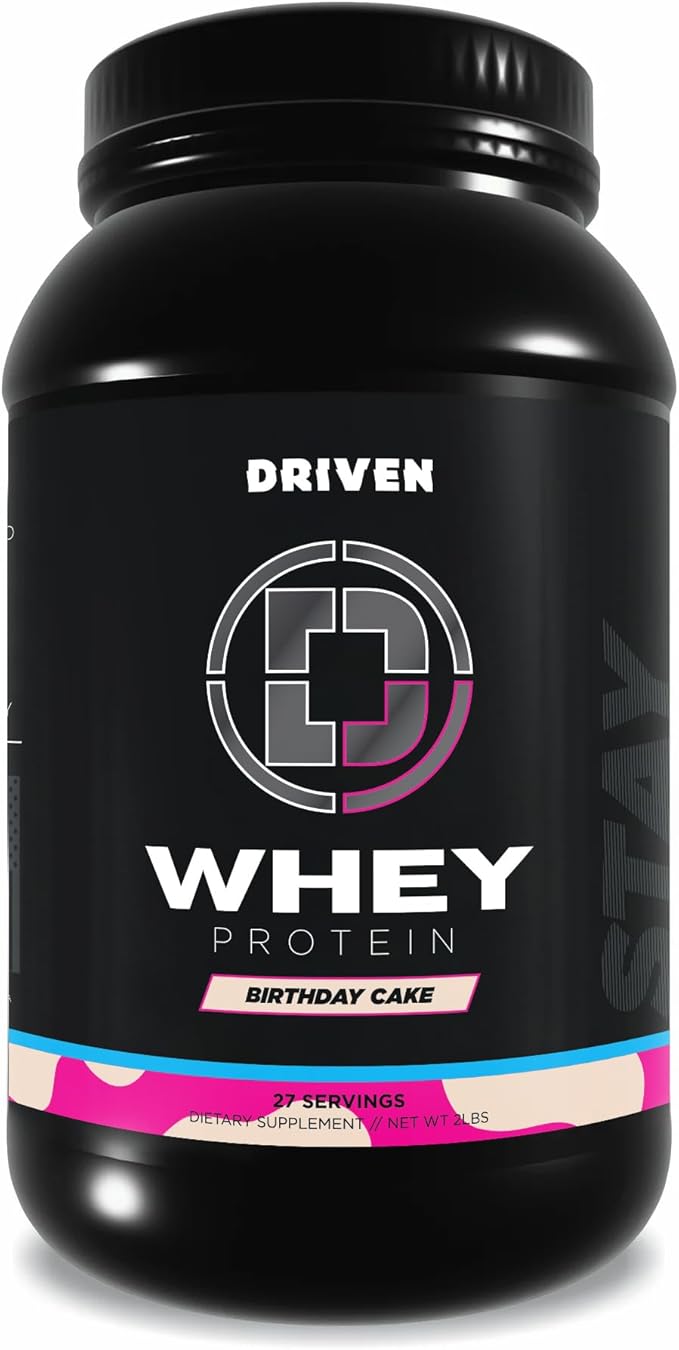 Driven WHEY- Whey Protein Powder: Delicious, Clean Protein Shake- Improve Muscle Recovery with 23 Grams of Protein with Added BCAA and Digestive Enzymes (2lb, Birthday Cake)