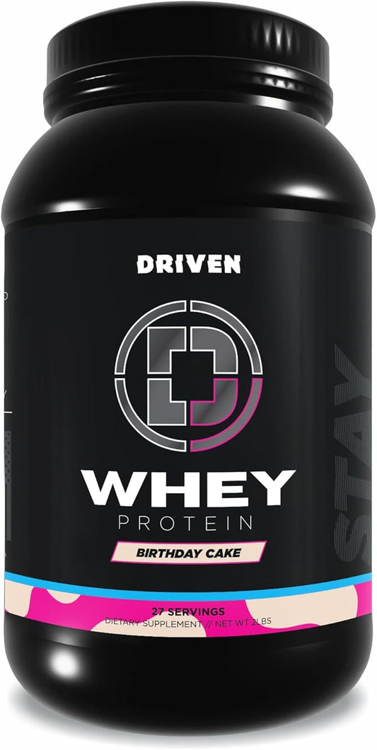 Driven WHEY- Whey Protein Powder: Delicious, Clean Protein Shake- Improve Muscle Recovery with 23 Grams of Protein with Added BCAA and Digestive Enzymes (2lb, Birthday Cake)