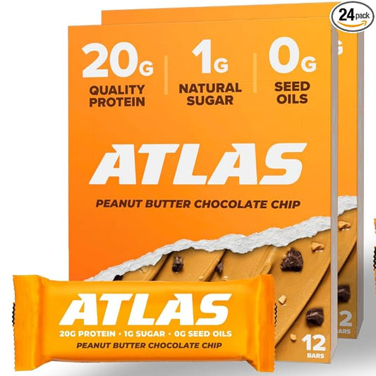 Atlas Protein Bar, 20g Protein, 1g Sugar, Clean Ingredients, Gluten Free (Peanut Butter Chocolate Chip, 12 Count (Pack of 2))