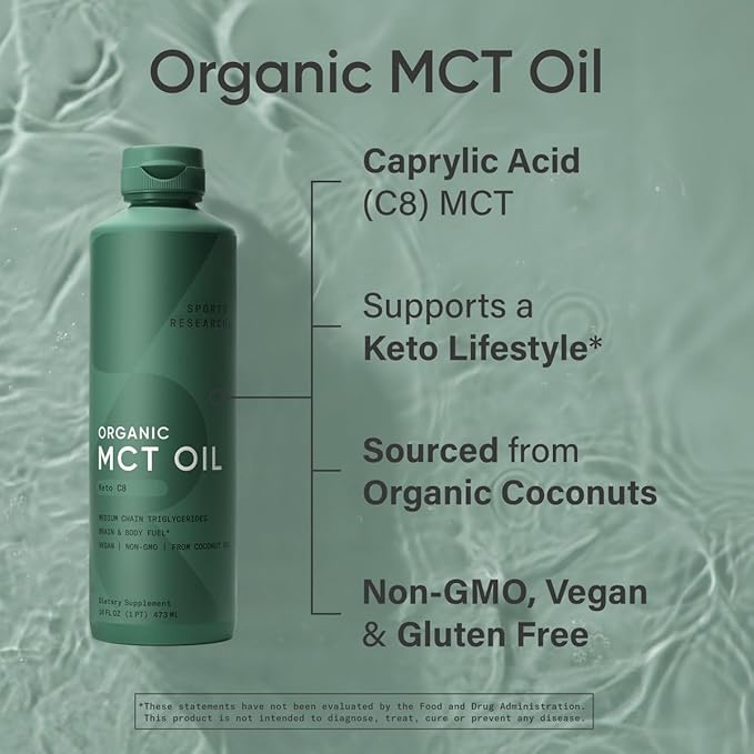 Sports Research Keto MCT Oil from Organic Coconuts - Fatty Acid Fuel for Body + Brain - Single Ingredient C8 Caprylic Acid - Perfect in Coffee, Tea, & More - Non-GMO & Vegan - Unflavored (16 Oz)