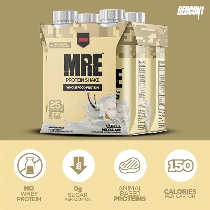 REDCON1 MRE Ready to Drink Protein Shakes, Vanilla Milkshake - Protein Drinks with Whole Food Sources - Sugar Free RTD Shake Formulated to Fuel Athletes at Any Time (4 Pack)