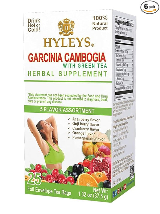 HYLEYS Tea Garcinia Cambogia Green Tea 5 Flavors Assortment - 25 Tea Bags (6 Pack - 150 Tea Bags Total)
