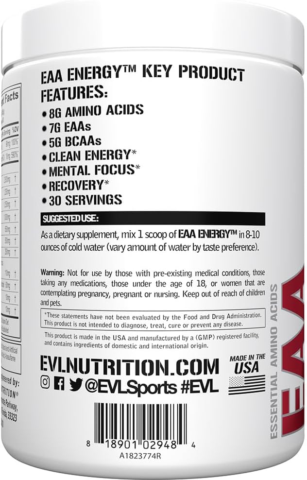 Evlution Nutrition EAA Energy - Pre & Post Workout Powder - Muscle Building & Recovery Supplement - 7g Essential Amino Acids + 5g BCAAs - Clean Energy - With Caffeine - 30 Servings - Watermelon Splash