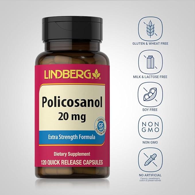 Lindberg Policosanol 20mg | 120 Capsules | Extra Strength Formula | Non GMO, Gluten Free Supplement