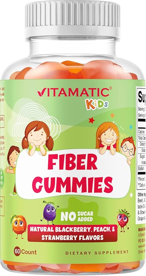 Vitamatic Kids Prebiotic Fiber Gummies – Extra Strength 4g Fiber – Zero Sugar Added – 60 Pectin-Based Gummies – Digestive Health & Regularity Support
