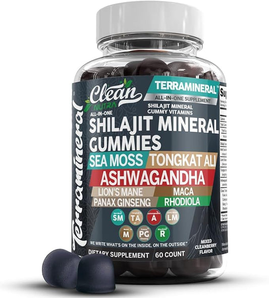 Terramineral Shilajit Gummies with Irish Sea Moss Tongkat Ali Ashwagandha Lion's Mane MACA Panax Ginseng Rhodiola & Cordyceps by Clean Nutra (1)