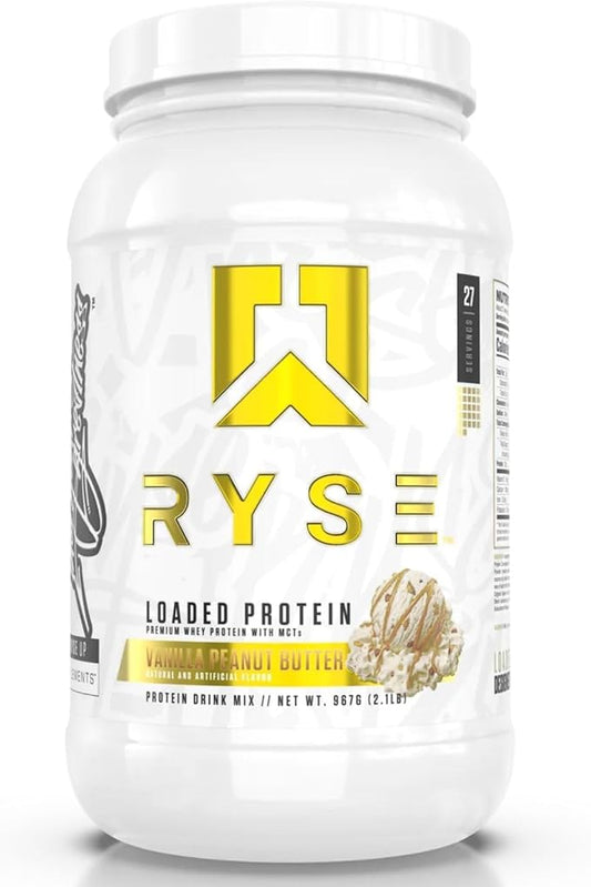 Ryse Loaded Protein Powder - Vanilla Peanut Butter - 25g Whey Protein Isolate & Concentrate with Prebiotic Fiber & MCTs - Low Carb, Low Sugar, Digestive-Friendly - 27 Servings / 2 lb Tub