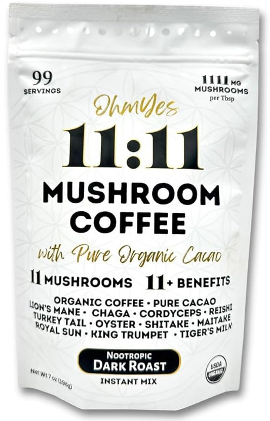 Organic Mushroom Coffee with Cacao – 11x Adaptogenic Mushrooms for Focus, Clarity & Energy – Lion’s Mane, Reishi, Chaga + Nootropic Superfood by OhmYes (7oz) - 99 Servings