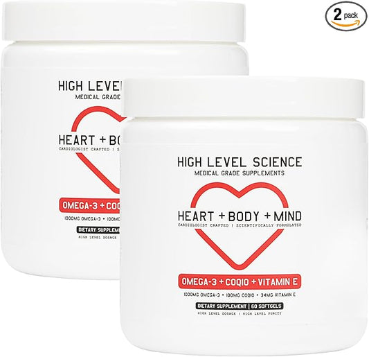 High Level Omega 3, CoQ10 & Vitamin E, Heart, Body, Mind Support with Fish Oil, Coenzyme Q10, Beeswax & Glycerin, Dietary Supplement for Men & Women, Yeast & Gluten Free, 60 Black Softgels - 2 Pack