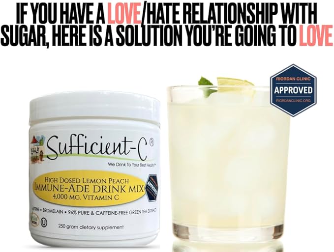 Sufficient-C High-Dosed 4000 mg. Vitamin C Lemon Peach Immune-Ade Drink Mix 250 gram Size - Refreshing with Generously Dosed L-lysine, Bromelain & 96% Pure, Caffeine-Free Green Tea Extract