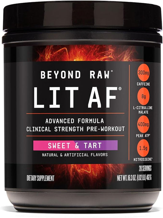 BEYOND RAW LIT Advanced Pre-Workout Formula, Sweet and Tart, for Energy, Focus, Endurance, Pumps, with 300mg Rapid and Targeted Release Caffeine, Creatine, Betaine, Beta Alanine, Taurine, 20 Servings
