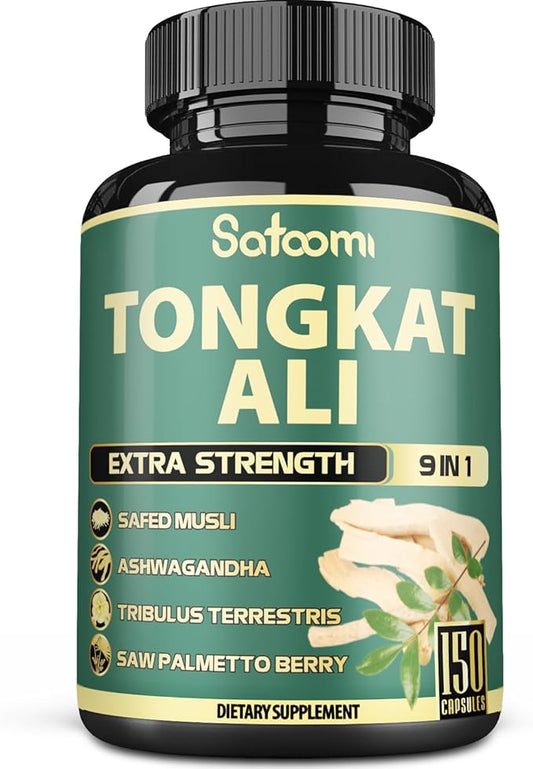 Satoomi 9in1 Tongkat Ali Root Extract 200:1 - Ashwagandha, Tribulus Terrestris - 150 Capsules for 5 Months - Support Strength, Energy & Healthy Immune