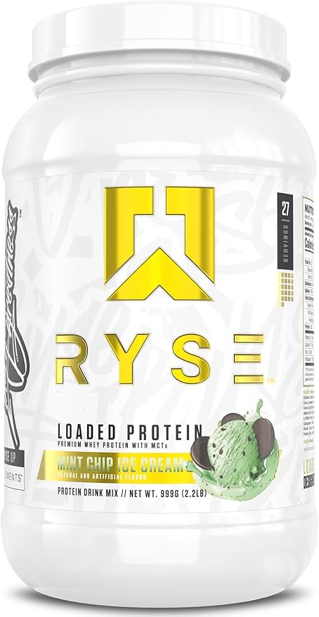 Ryse Loaded Protein Powder - Mint Chip Ice Cream - 25g Whey Protein Isolate & Concentrate with Prebiotic Fiber & MCTs - Low Carb, Low Sugar, Digestive-Friendly - 27 Servings / 2 lb Tub