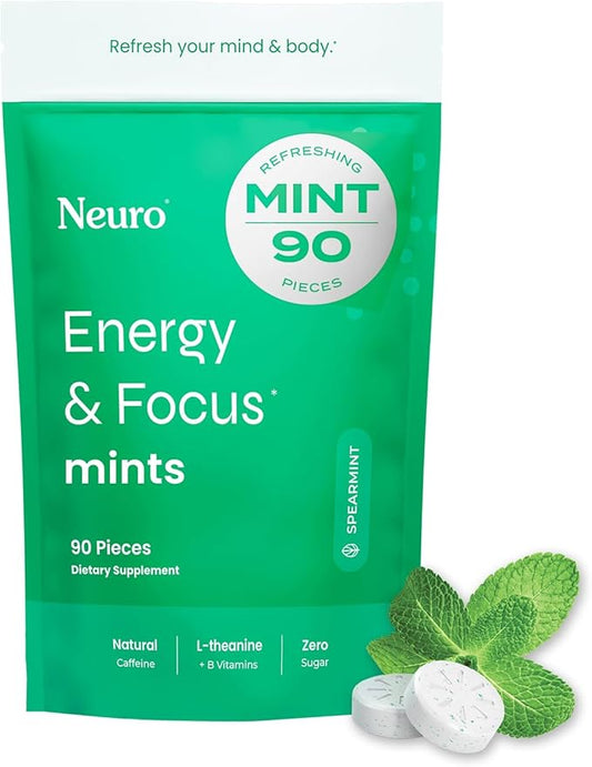 Neuro Energy Caffeine Mints (90 Pieces) - Sugar Free with L-theanine + Natural Caffeine + Vitamin B12 & B6 - Nootropic Energy & Focus Supplement for Women & Men - Keto & Vegan, Spearmint Flavor