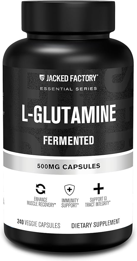 Jacked Factory L-Glutamine Capsules 500mg - Vegan Fermented L Glutamine Supplement for Post Workout Muscle Recovery, Immunity, Digestive Health - 240 Capsules