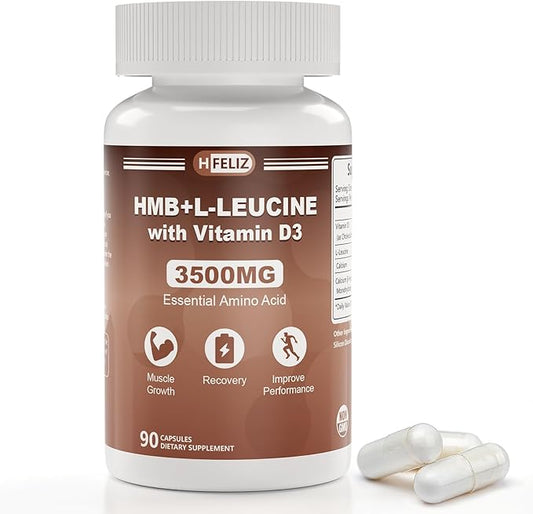 HMB and Leucine Supplement, 3500mg L-Leucine HMB with Vitamin D3, Amino Acid BCAA for Men, Vegan, Gluten Free, 90 Capsules