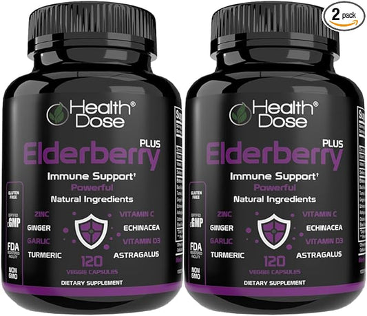 Elderberry Plus Capsules – Immune Support Supplement with Vitamins C, D3, Zinc, Selenium & 11 Ingredients for Year-Round Wellness – 120 Veggie Capsules, 2-Month Supply Pack of 2