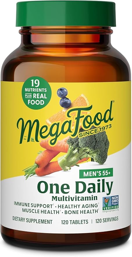 MegaFood Men's 55+ One Daily - Multivitamin for Men with Vitamin B12, C, D & Zinc - Optimal Aging & Immune Support Supplement - Vegetarian - Made Without 9 Food Allergens - 60 Tabs