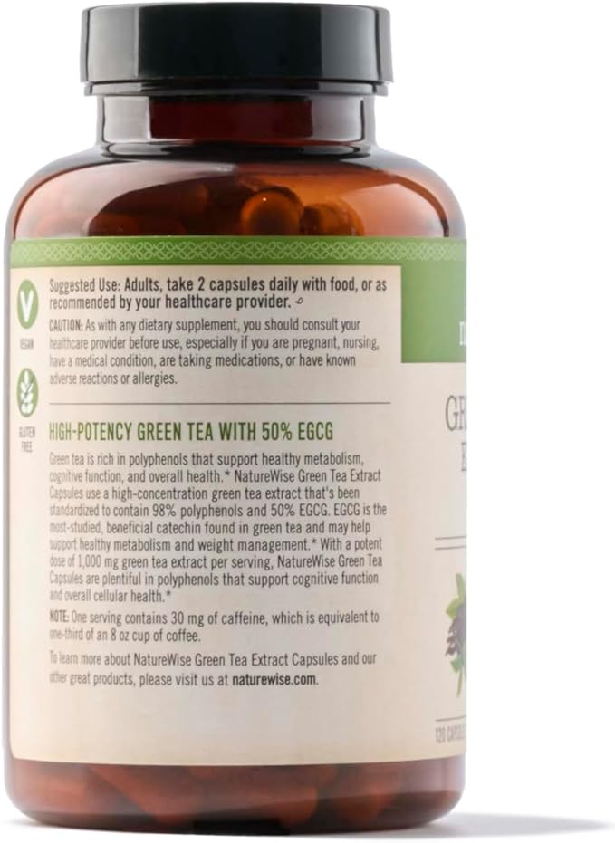 NatureWise Green Tea Extract Capsules 1000 mg - 50% EGCG & 98% Polyphenols - Extra Strength Antioxidants for Heart Health and Energy - Vegan, Gluten Free, Non-GMO - 120 Count[3-Month Supply]