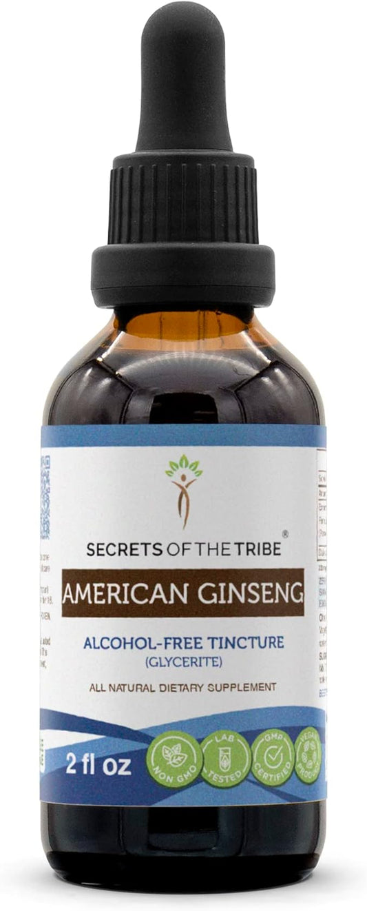 Secrets of the Tribe American Ginseng Tincture Alcohol-Free Extract, Farm Grown American Ginseng (Panax Quinquefolius) Dried Root Tincture Supplement (2 FL OZ)