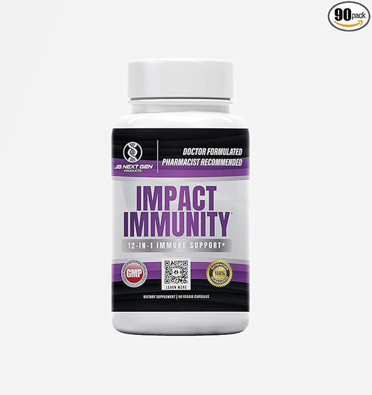 IMPACT IMMUNITY 12-IN-1 Immune System Support with Elderberry, Vitamin C, B6, B12, Riboflavin (B2), Zinc, D3, Quercetin, Thiamin Fisetin, L-Leucine & Probiotic-Made in USA- (90 Count)