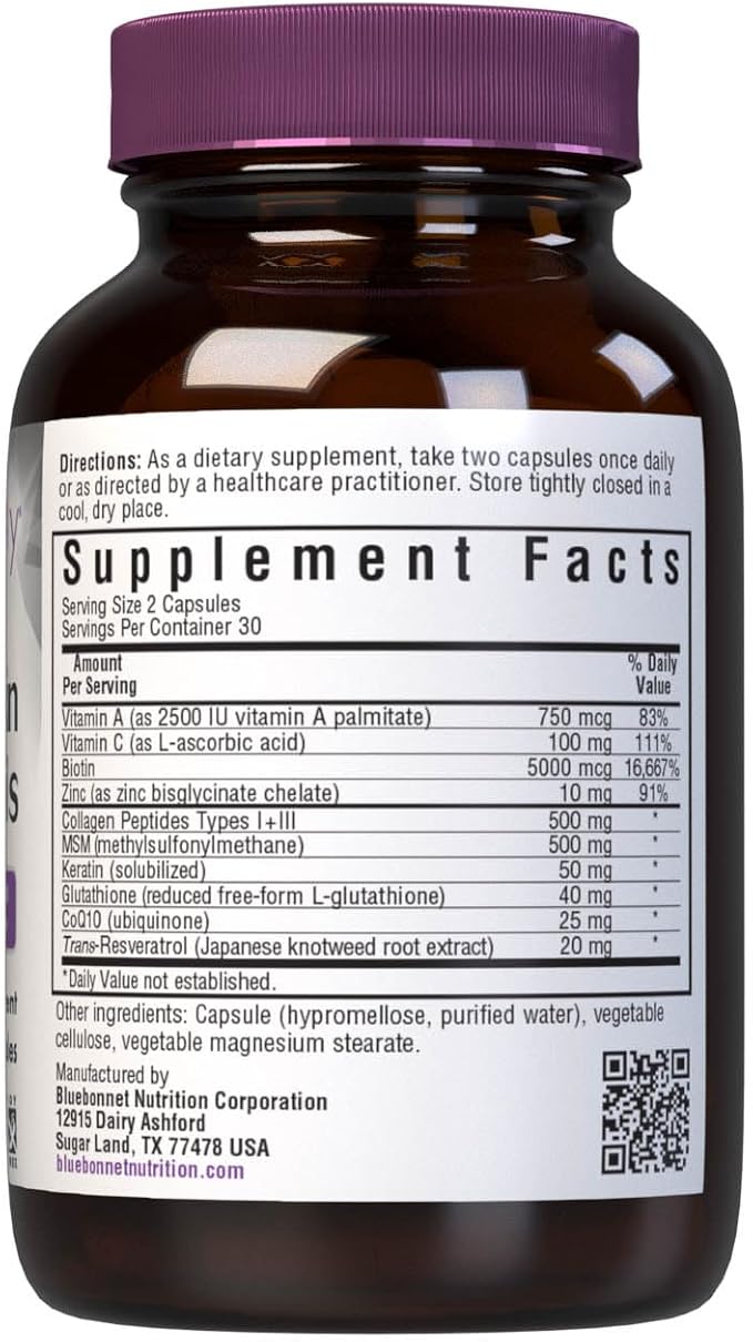 Bluebonnet Nutrition Beautiful Ally Hair, Skin & Nails, Hydrolyzed Collagen from Grass Fed Cows, Collagen Peptides Type 1 & 3, Non GMO, Gluten Free, Soy Free, Milk Free, Kosher, 60 Vegetable Capsules
