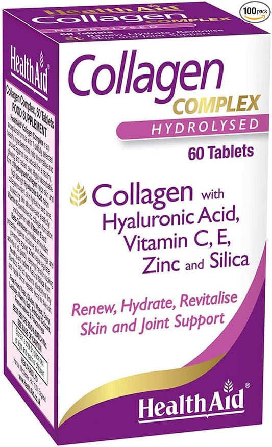 Collagen Complex, Marine Collagen and Hyaluronic Acid, Vitamin C, E, and Zinc, 2 Tablets Daily, Healthaid America