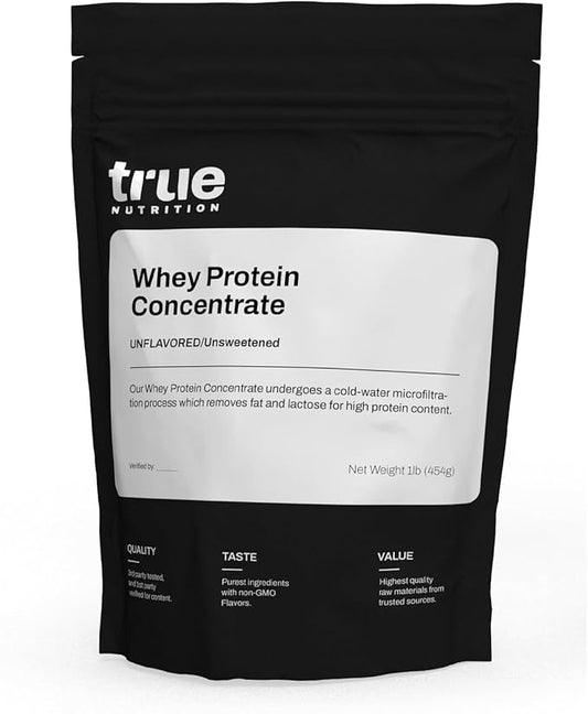 True Nutrition - Whey Protein Concentrate - 100% Whey Protein Powder - Fast Acting Low Carb Powder with Essential Amino Acids - High in Leucine - Unflavored/Unsweetened - 1lb.