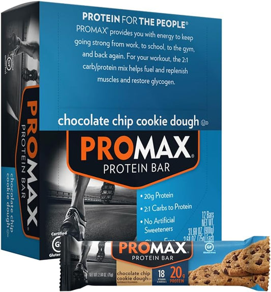 Promax Protein Bar, Chocolate Chip Cookie Dough, 20g High Protein, Gluten Free, 12 Count