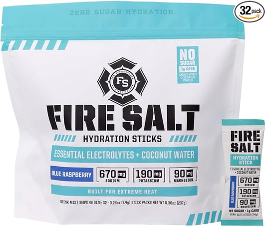 Fire Science Fire Salt Hydration Sticks, Electrolytes & Coconut Water, Hydration Drink Mix with Magnesium, Potassium & Sodium, Zero Sugar, Single Serve On the Go Packs, Blue Raspberry Flavor, 32 Count