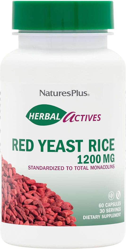 Natures Plus Herbal Actives Red Yeast Rice - 1200 mg, 60 Vegan Capsules - Maximum Potency Herbal Supplement, Cholesterol Support - Vegetarian, Gluten-Free - 30 Servings