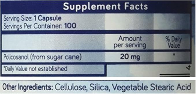 Purethentic Naturals Policosanol 20mg | Supports Cardiovascular & Cholesterol Health* | Free Radical & Antioxidant Protection* | from Pure Sugar Cane with No Unnecessary Fillers | 100 Veg Capsules
