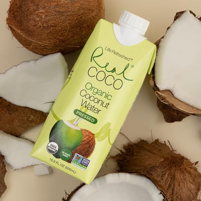 Real Coco Organic Pressed Coconut Water (12-Pack 500mL), USDA Organic, No Sugar Added, Essential Electrolytes, Plant Based, NON GMO, Dairy & Soy Free