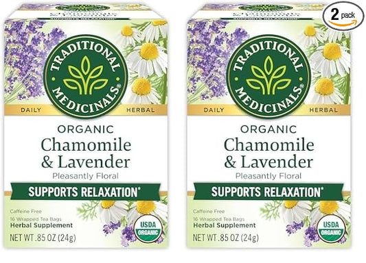 Traditional Medicinals Tea, Organic Chamomile & Lavender, Stress Relief, 16 Tea Bags (Pack of 2)
