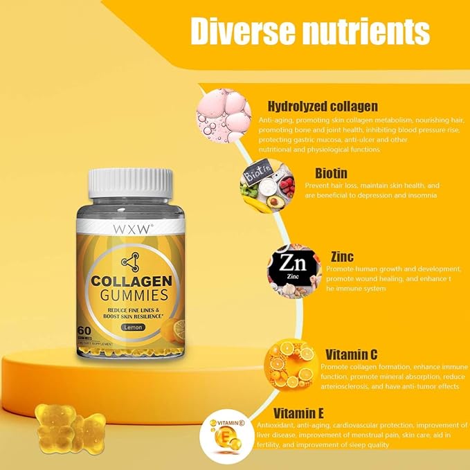 WXW Hydrolyzed Collagen Peptides Gummies for Women, Non-GMO Anti-Aging Formula with Biotin, Zinc, Vitamins C & E for Hair, Skin and Nails | 60ct,Lemon Flavor