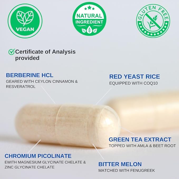 Berberine HCL & Ceylon Cinnamon - Red Yeast Rice & CoQ10 1300mg per Serving *USA Made & Tested* Healthy Levels with Green Tea Extract, Resveratrol, Magnesium, Glycinate, Chromium Picolinate