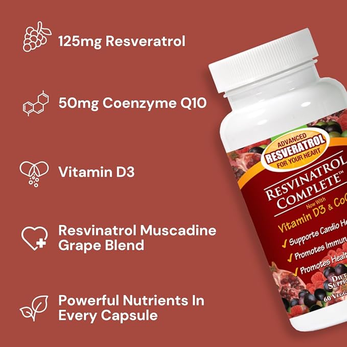 Capsules, 60 Count- Resveratrol Supplement Supports Healthy Aging, Heart Health, and Immune Function with Quercetin, Grape Seed Extract, Vitamin D3 and CoQ10