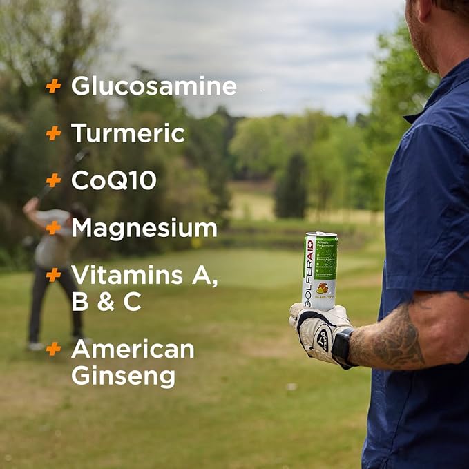 GOLFERAID Performance Blend, Up Your Golf Game, No Caffeine, Glucosamine, Turmeric, MSM, CoQ10, B-Complex, BCAAs and Electrolytes, 40 Calories, 100% Clean, Paleo, Vegan, 12-oz. cans (Pack of 24)