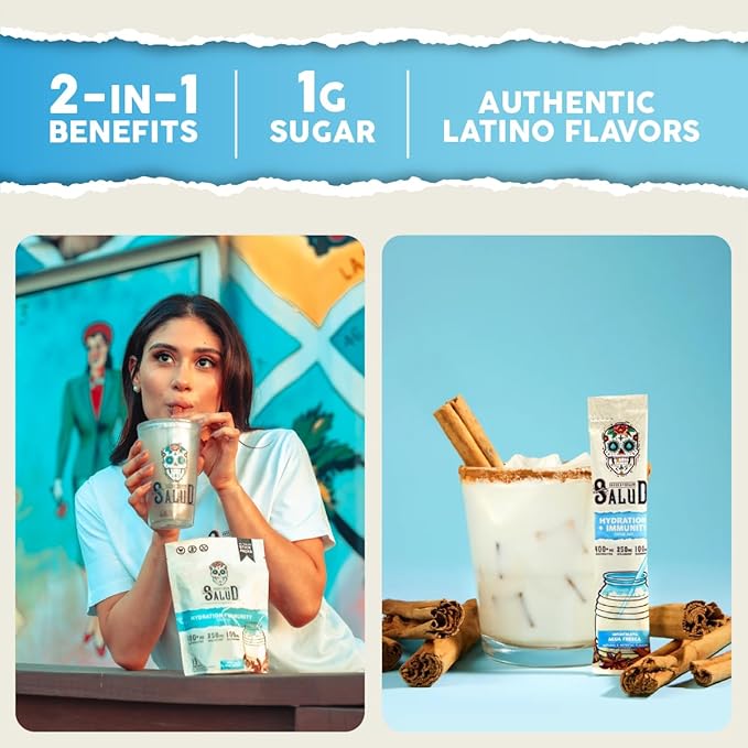 Salud 2-in-1 Hydration Packets + Immunity Electrolytes Powder, Horchata - Jamaica Agua Fresca Drink Mix, Elderberry, Dairy & Soy Free, Non-GMO, Gluten Free, Vegan, Low Calorie, 1g Sugar (15 Servings)