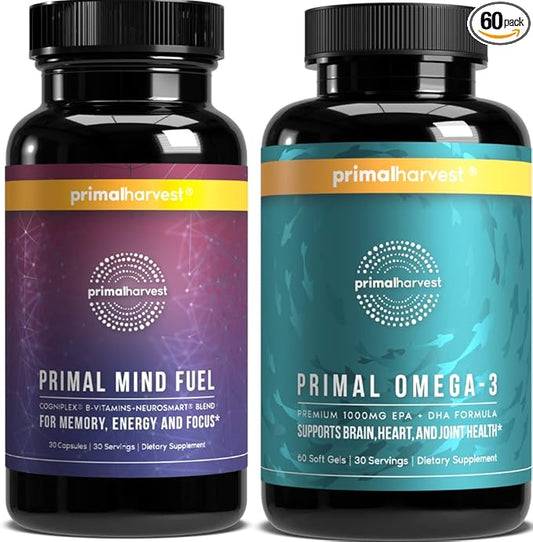 Primal Harvest Mind Fuel & Omega 3 Supplements for Women and Men Fish Oil Capsules and Mind Fuel Brain Booster Pills Bundle